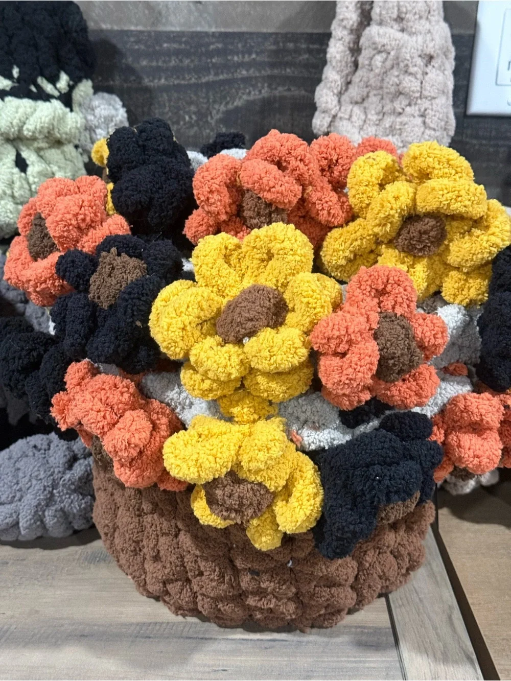 🌻 Handmade Chunky Knit Fall Flower Mat Bouquet 🍂